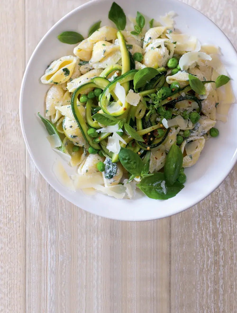 Summer Pasta with Zucchini, Peas and Yogurt Sauce