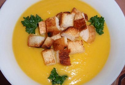 Creamy Pumpkin Soup with Garlic and Bread Croutons