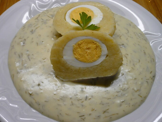 Czech Potato Dumplings Stuffed with Egg in Dill Sauce