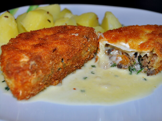 Hermelín (Czech Camembert-Style Cheese) Stuffed with Mushrooms in Beer Sauce with Potatoes