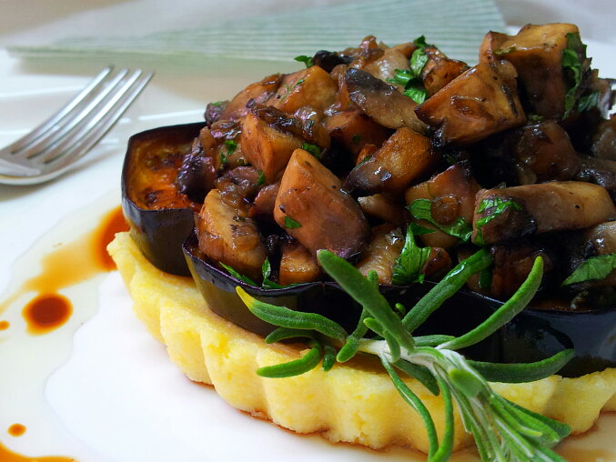 Mushroom Sauté on a Polenta Cake with Aubergine