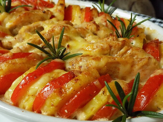Zapečené kuřecí řízečky s rajčaty a bramborami