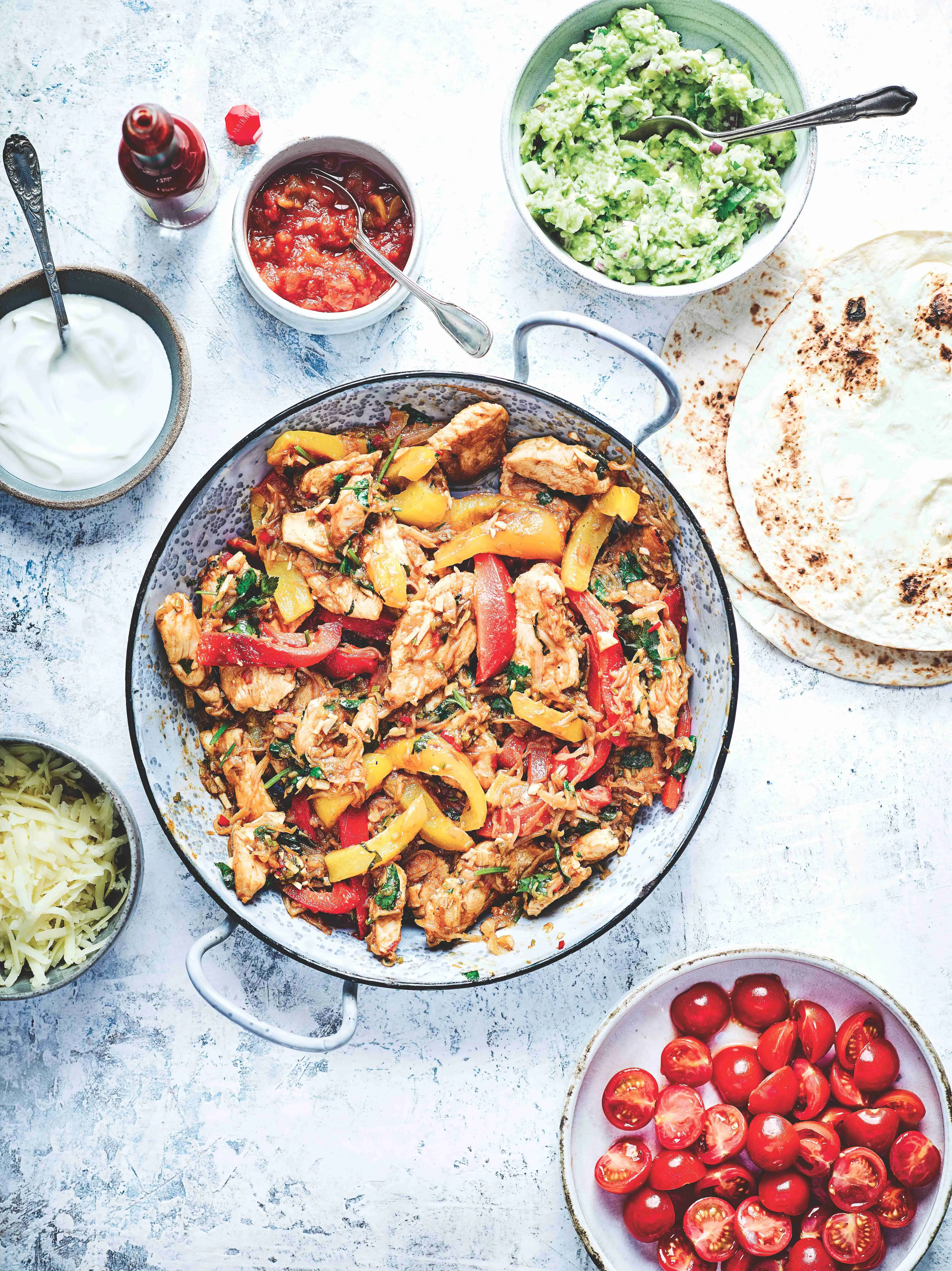 Chicken Fajitas with Guacamole and Roasted Peppers
