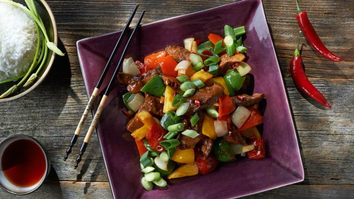 Sweet and Sour Chicken Breast Strips with Pineapple and Vegetables