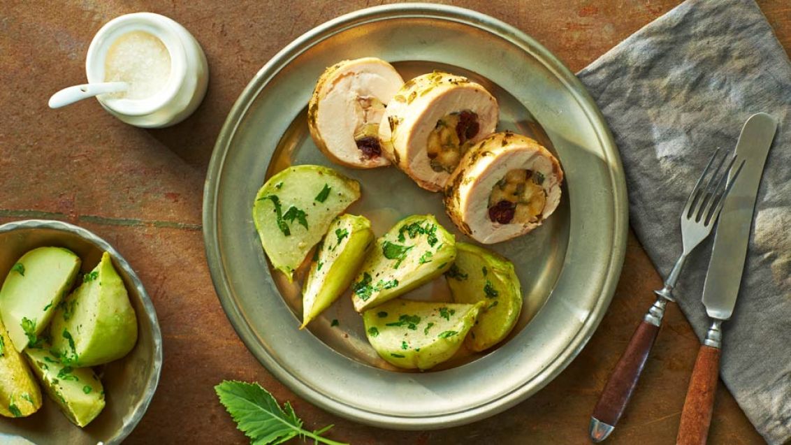 Chicken Roulade with Cranberry Stuffing and Glazed Kohlrabi