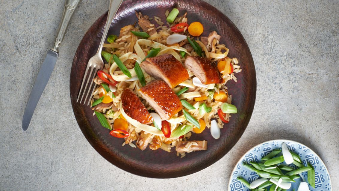 Asian-Style Roast Duck with Stir-Fried Rice