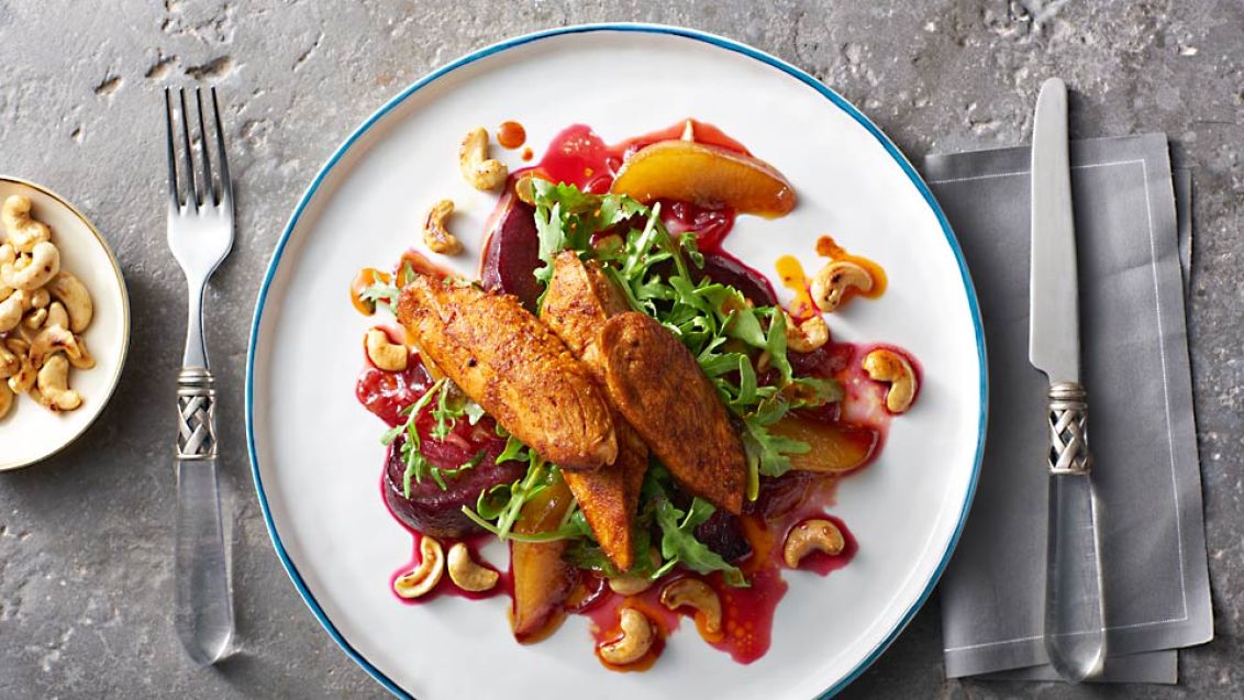 Chicken Breasts with Beetroot, Cashews and Pears