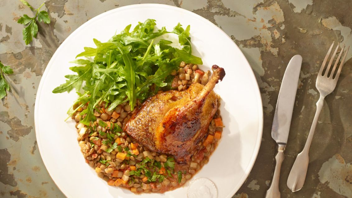 Roast Duck with Braised Lentils and Rocket Salad