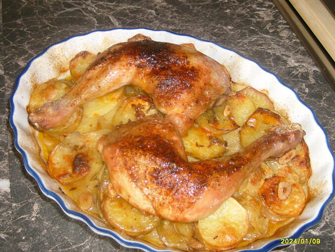 Chicken Leg Quarters Roasted on Potatoes