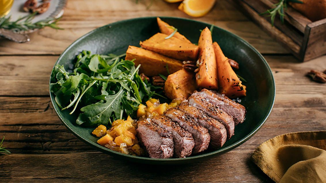Pan-Seared Duck Breasts with Orange and Ginger Sauce and Roast Sweet Potatoes