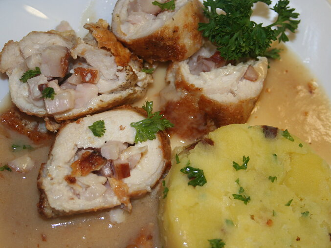 Shepherd-Style Chicken Roulades with Brynza and Bacon