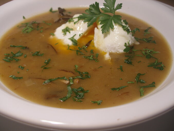 Kmínka (Czech Cumin Soup) with Poached Egg and Mushrooms