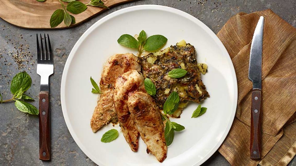 Chicken Breasts in Yoghurt Marinade with Spinach Potato Gratin