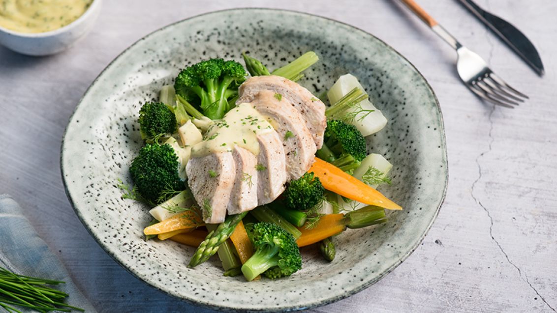 Poached Chicken Breasts with Fresh Vegetables and Homemade Mayonnaise