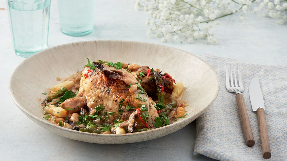 Roast Chicken with Asparagus, Beans and Shiitake Mushrooms