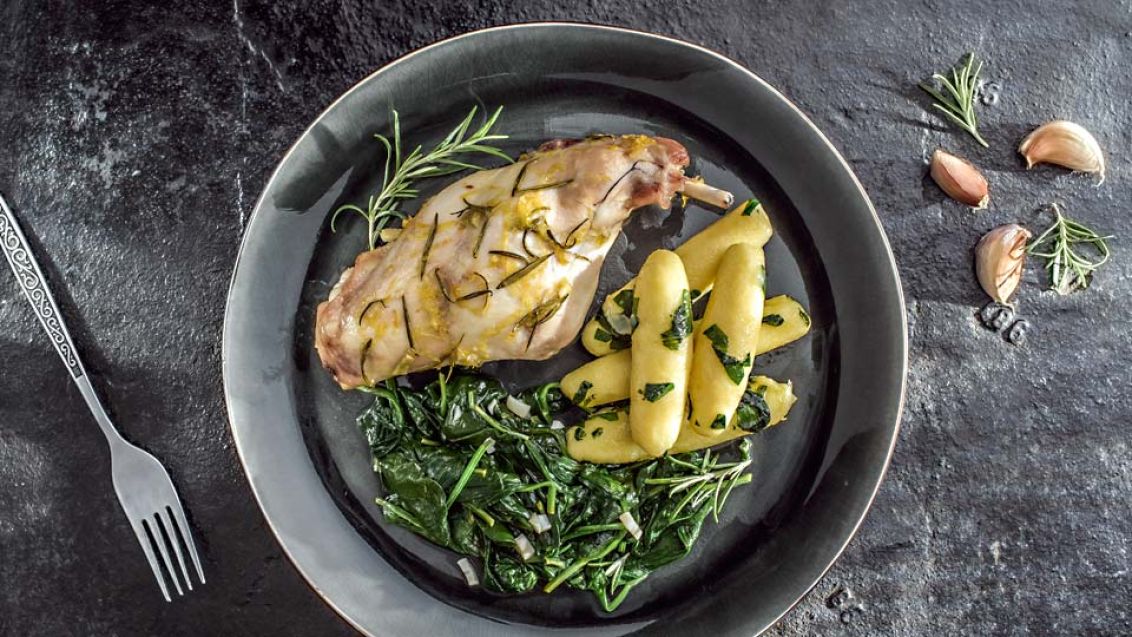 Confit Rabbit with Potato Gnocchi and Spinach