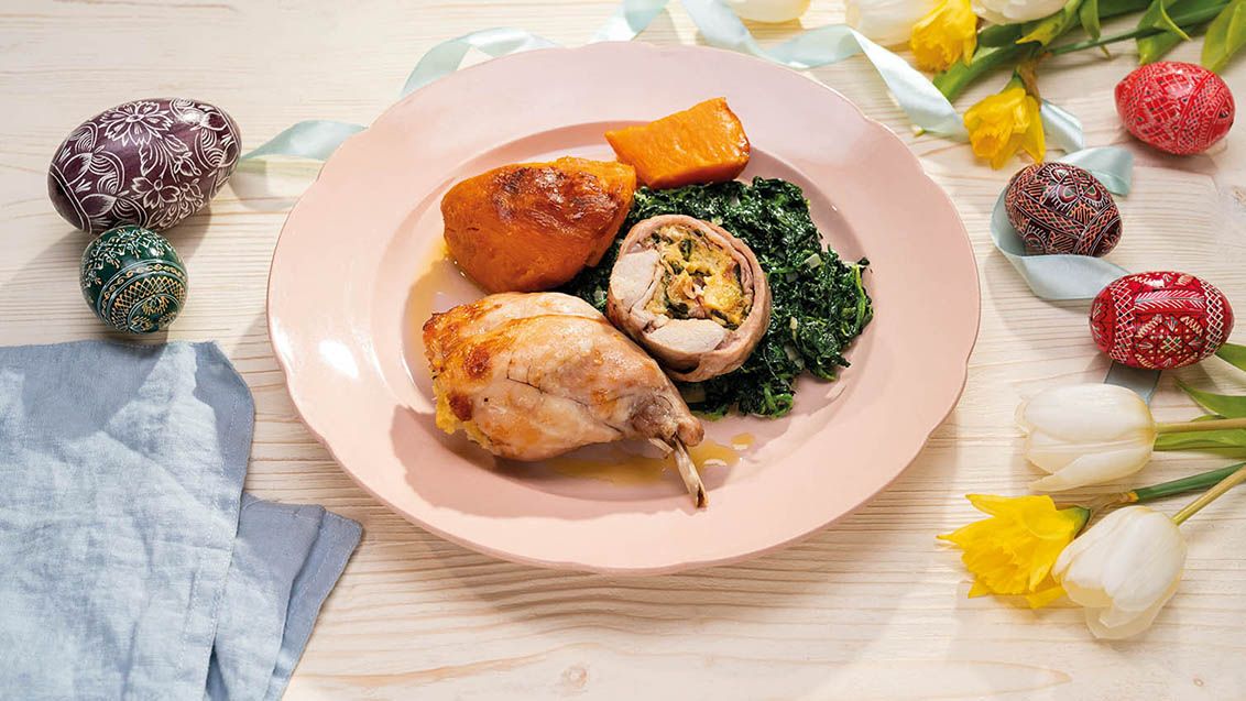 Roast Stuffed Rabbit with Sweet Potatoes and Creamed Spinach