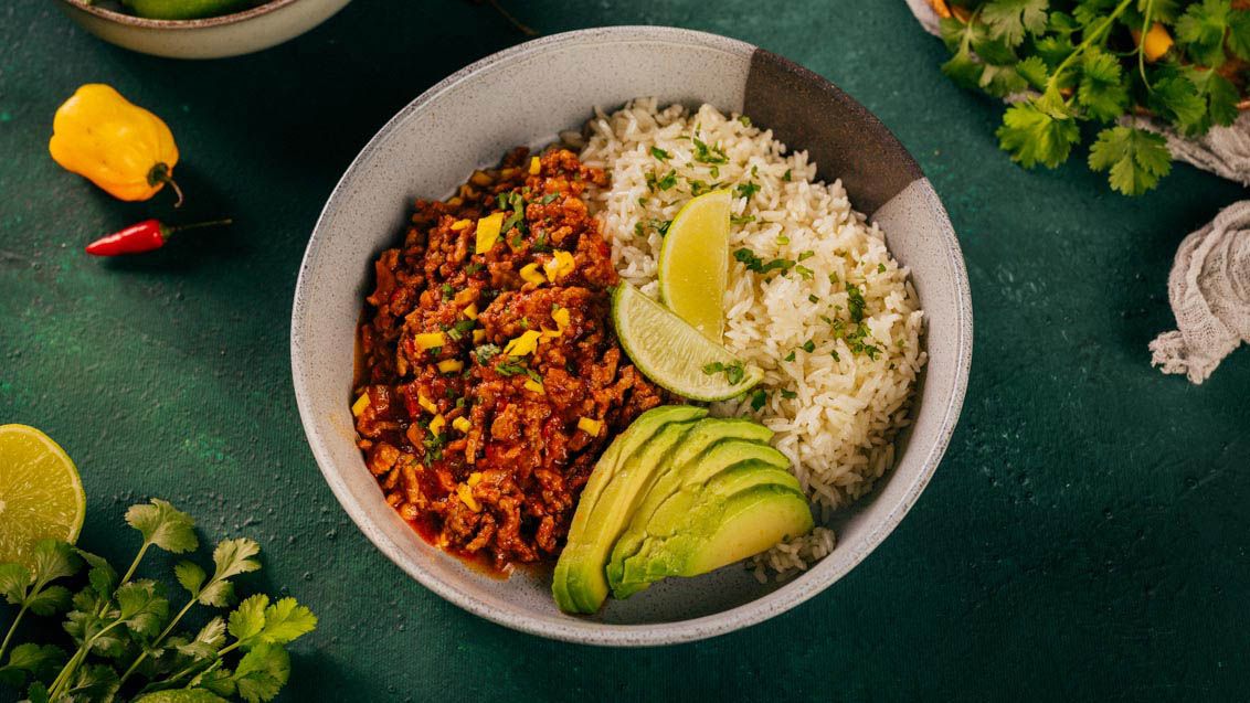 Spicy Beef with Rice, Avocado and Coriander