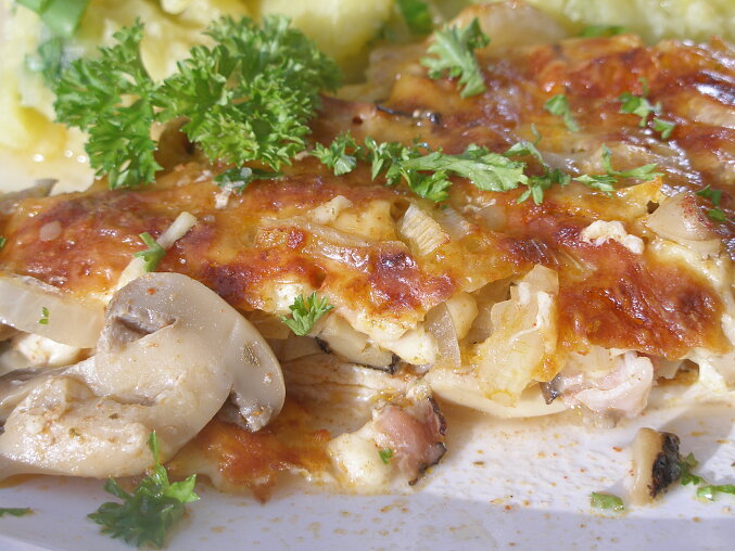 Baked Chicken Cutlets with Mushrooms, Bacon and Cheese