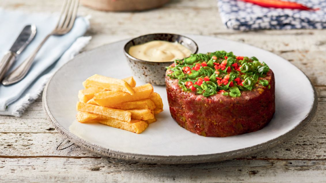 Beef Tartare with Mustard Mayonnaise and Homemade Fries