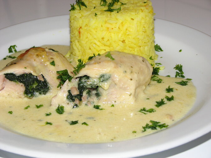 Baked Creamy Chicken Rolls with Spinach and Saffron Rice