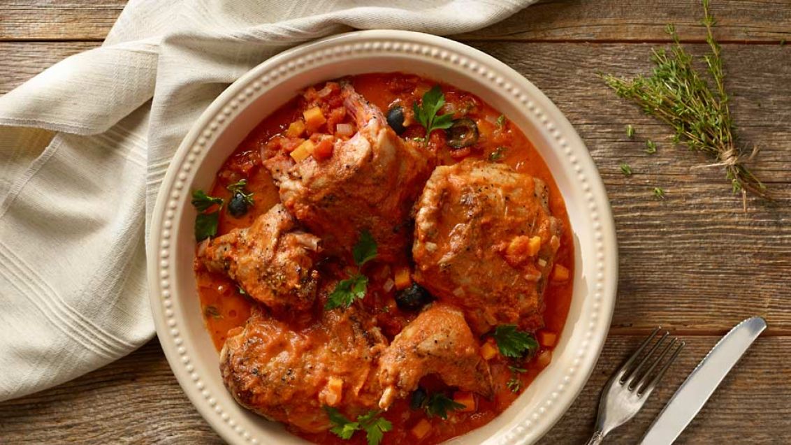 Rabbit Braised in Red Wine with Tomatoes and Olives