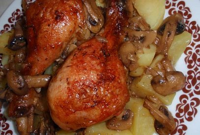 Chicken (or Rabbit) Baked on Mushrooms