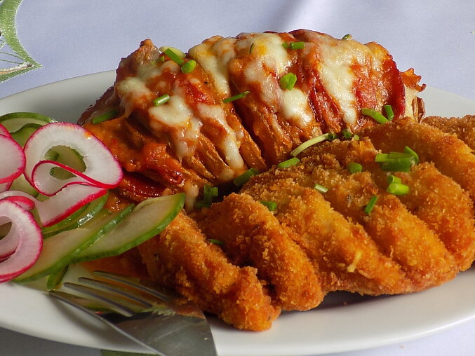 Stuffed Baked Potatoes with Chicken Schnitzel