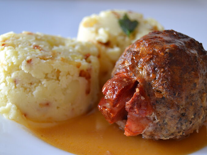 Czech Minced Meat Rolls Stuffed with Sausage