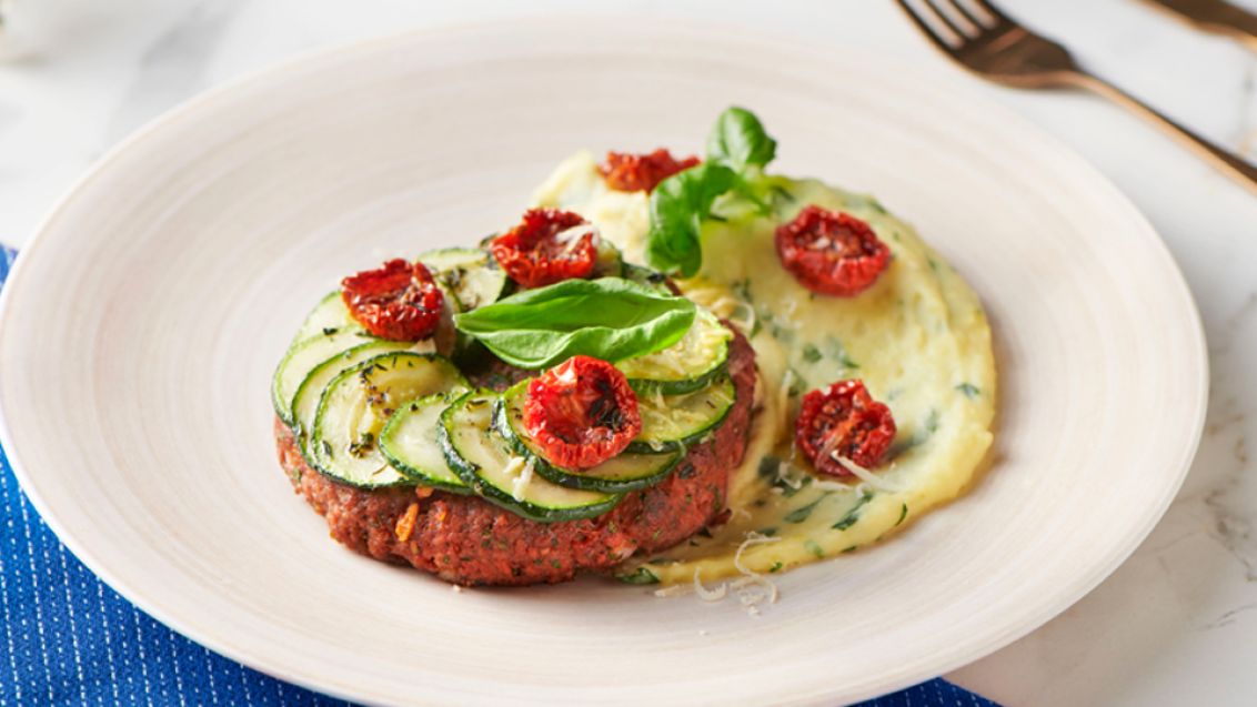 Meatless Patties with Courgette and Parmesan Mash