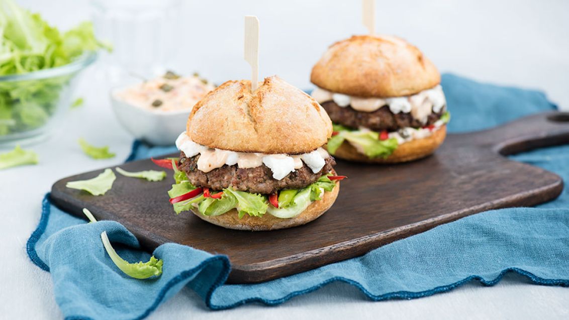 Homemade Hamburger with Minced Meat and Goat's Cheese