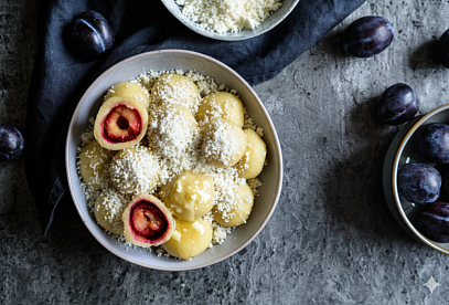 Czech Curd Cheese Dumplings with Plums