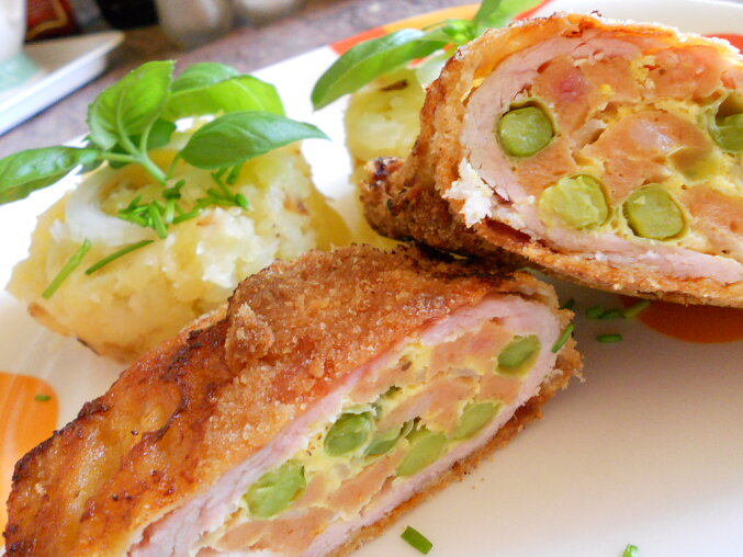 Brno-Style Stuffed Schnitzel with Ham and Peas