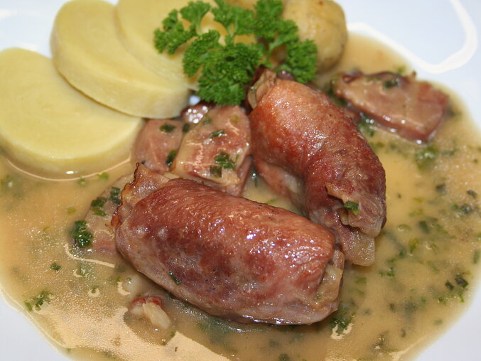Pork Roulades with Onion Filling and Smoked Pork Neck
