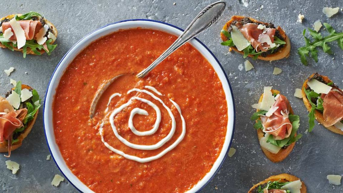 Refreshing Cold Vegetable Soup with Bruschetta
