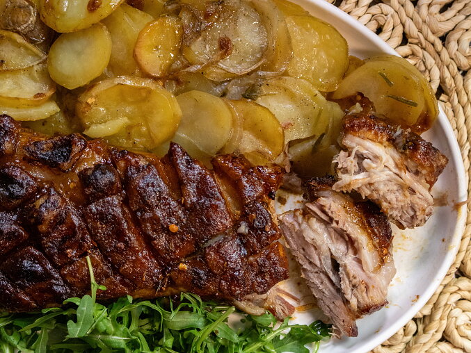 Spicy Pork Belly Roasted over Potatoes