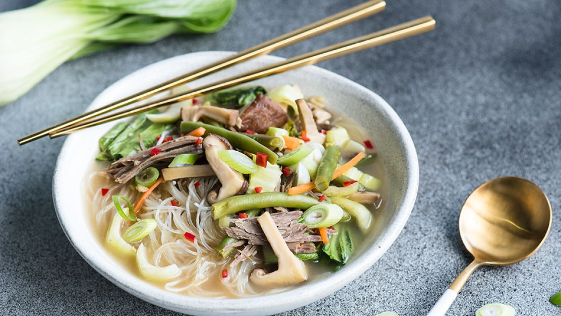 Asian Duck Soup with Rice Noodles
