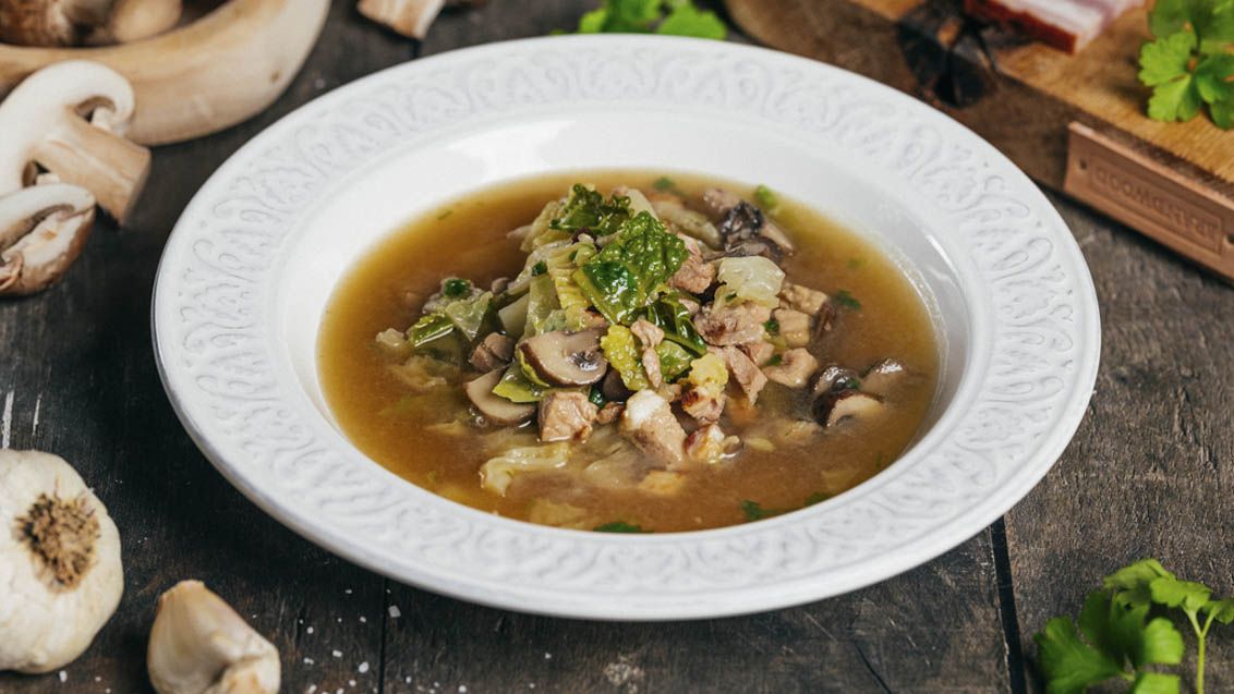 Pork Shoulder Soup with Cabbage and Mushrooms
