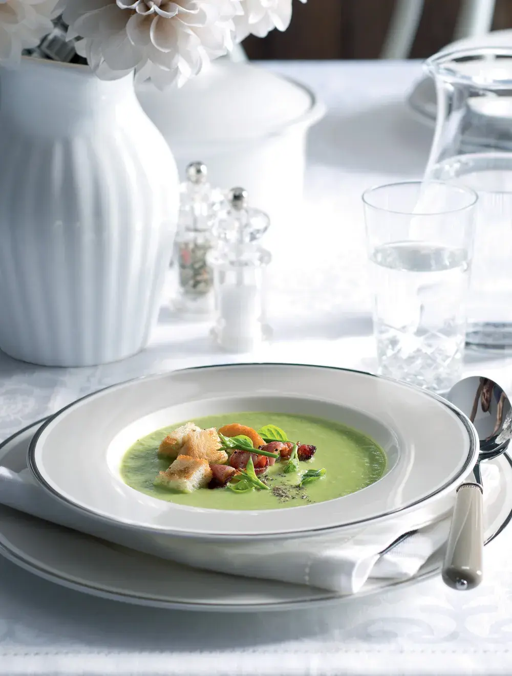 Creamy Pea Soup with Croutons and Fried Bacon