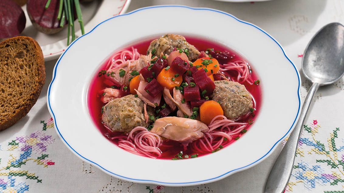 Hearty Rabbit Broth with Beetroot and Liver Dumplings