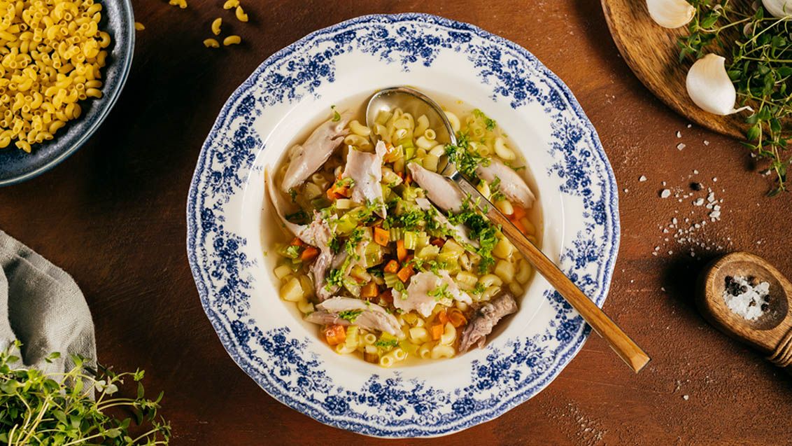 Rabbit Broth with Vegetables and Small Pasta Rings