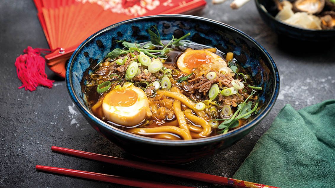 Duck Udon Soup with Miso and Marinated Egg
