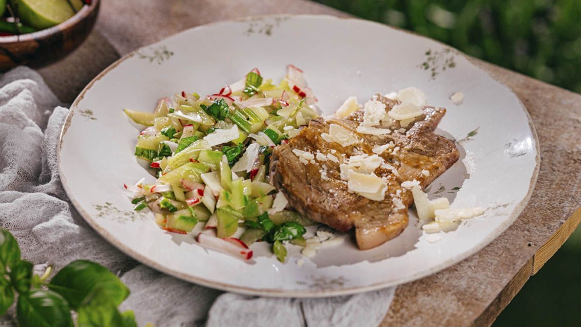 Grilled Pork Neck with Parmesan and Cucumber Salad with Lime
