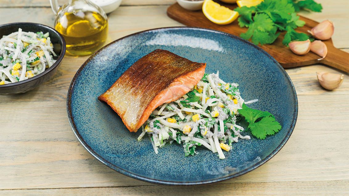 Baked Salmon Trout with Kohlrabi and Sweetcorn Salad
