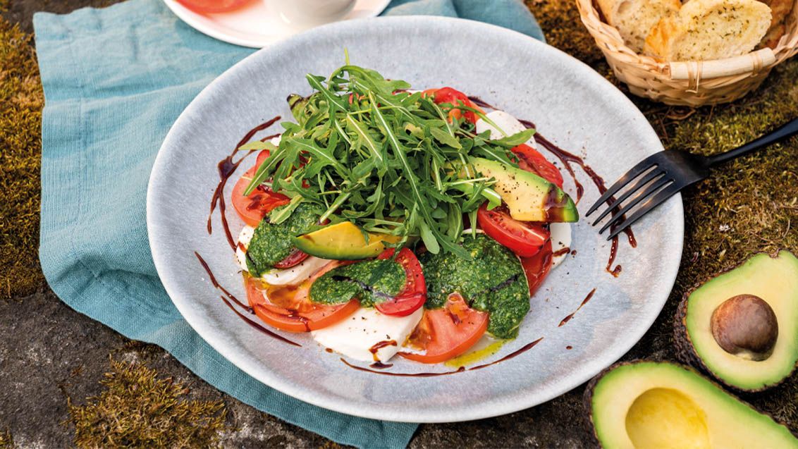 Caprese Salad with Avocado and Homemade Pesto