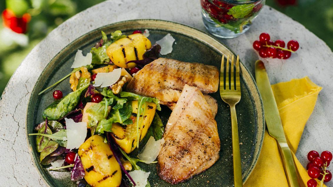 Grilled African Catfish with Peach Salad and Parmesan