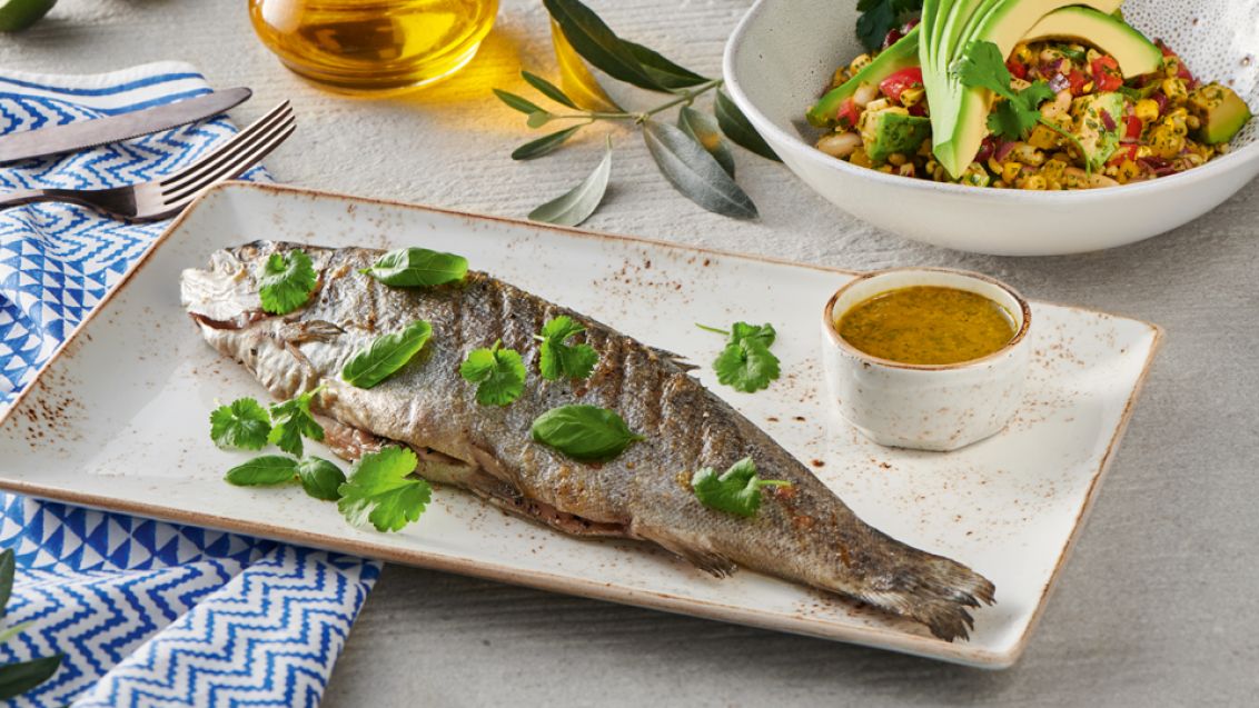 Baked Trout with Bulgur, Bean and Avocado Salad