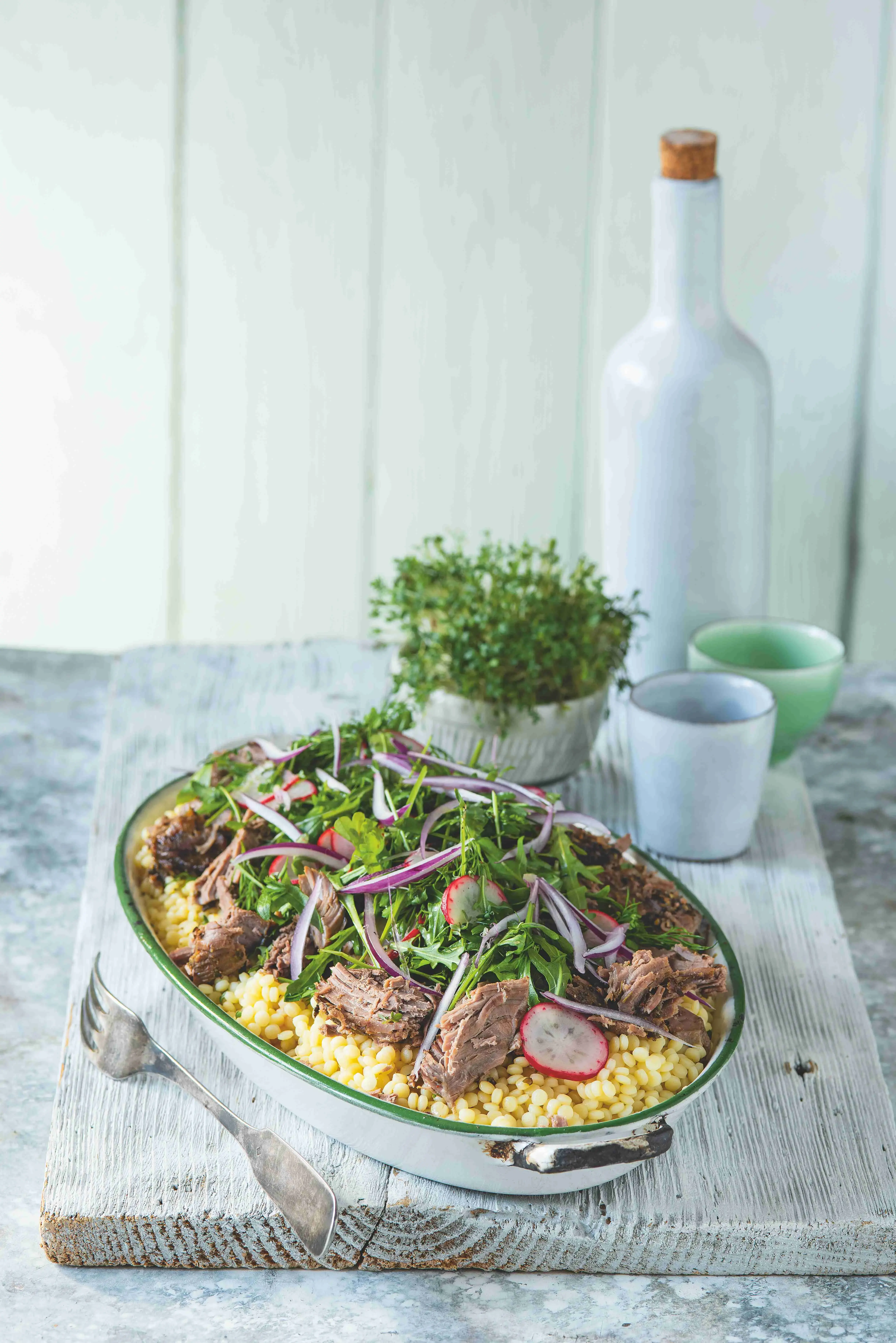 Pulled Lamb with Tarhonya and Rocket Salad