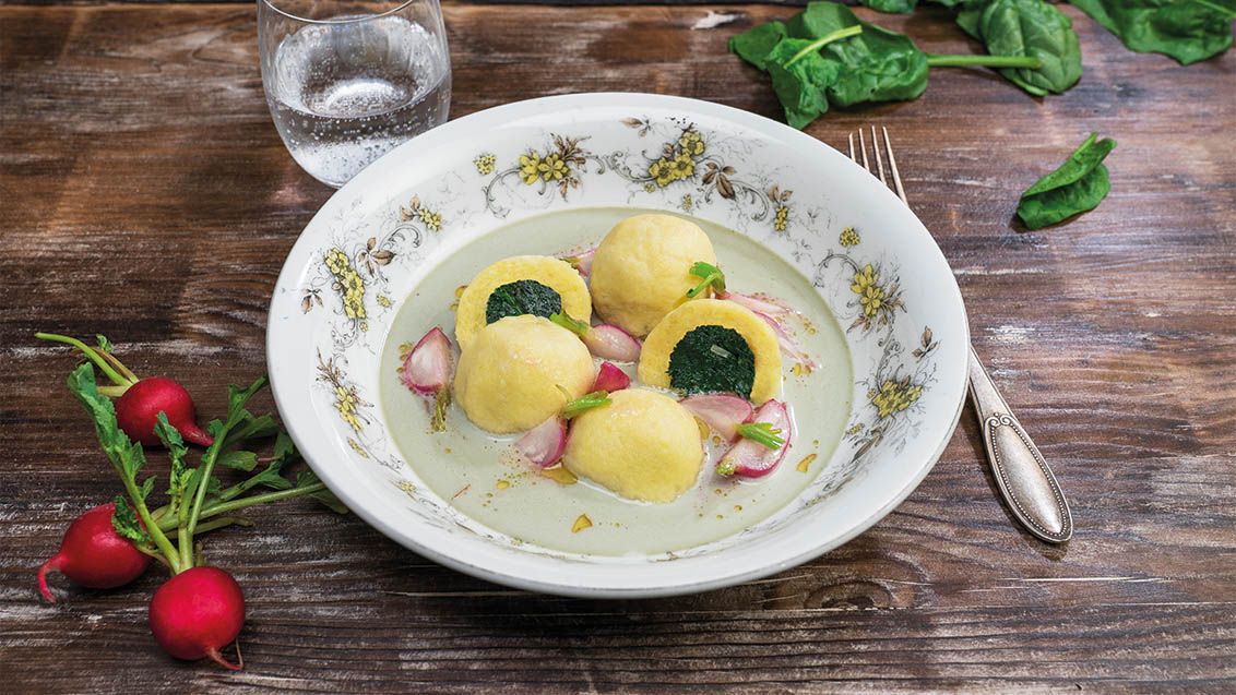 Potato Dumplings Filled with Spinach and Blue Cheese Sauce