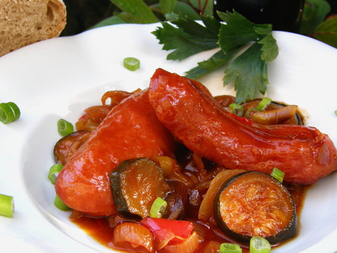 Czech Sausages in Dark Beer with Vegetables
